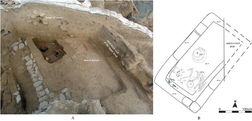 Figure 10. A) The location of Tomb II; the stone foundation is part of the KA III structure, and the arrows show the walls of the tomb, which are built into the alluvial sediment. B) The interior of the mudbrick chamber of Tomb II (for the identification letters, see Figure 11) (© A. Zalaghi).