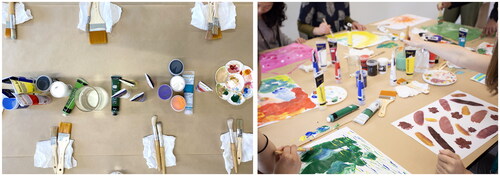 Figure 3. Revised painting toolkit set-up used in the second workshop (left). Joyful moments are being painted by participants in the second workshop (right).