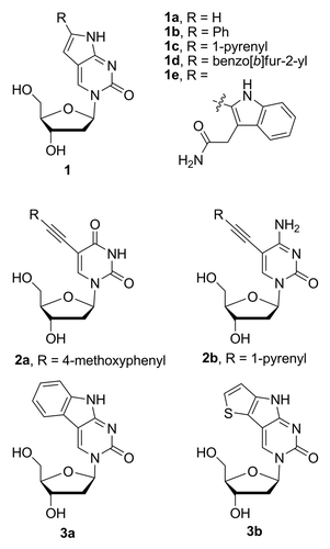 Figure 1. Nucleoside analogs 1a–e, 2a, 2b, 3a, and 3b.
