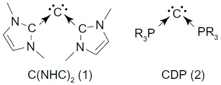 Figure 1 Schematic representation of carbodicarbene, (1) C(NHC)2 and (2) CDP.