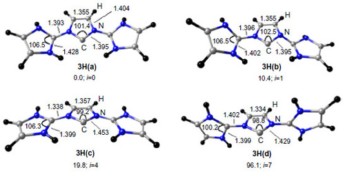 Figure 4 Optimized geometries at BP86/TZVP level of theory and relative energies (kcal/mol at MP2/aug-cc-pVDZ//BP86/TZVP) of different conformers of 3H.