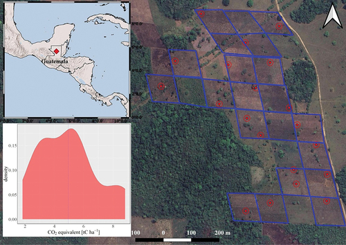 Figure 1. The study area (blue) and sample plots (red). Bottom-left, the density distribution of the CO2 equivalent in the 20 plots measured on the ground.