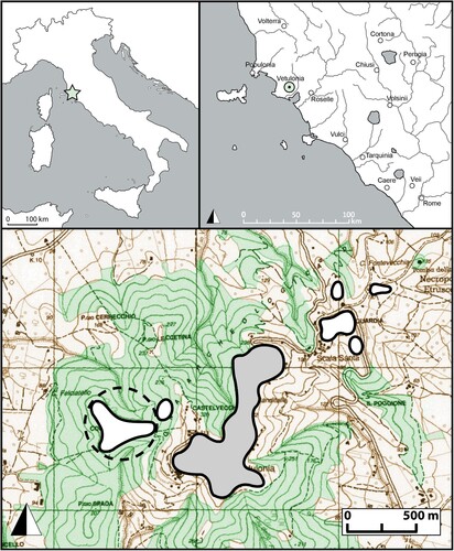 Figure 1. Map of Etruria showing the location of Vetulonia (the shoreline reflects the geo-morphological situation during the early 1st millennium BCE). Bottom image: grey = hypothetical settled area; white = early Iron Age cemeteries (Colle Baroncio encircled by the dashed line).
