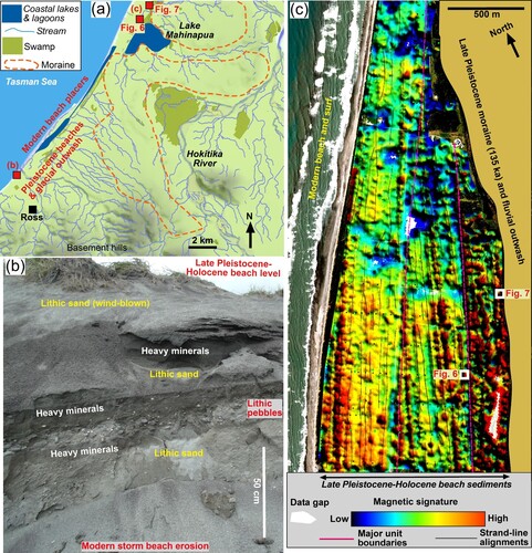 Figure 3. Location and geological setting for Southern Alps Late Pleistocene-Holocene beach gold sample sites near Lake Mahinapua (Figure 1C). A, Map of landscape features around the sample sites, with moraine distribution from Nathan et al. (Citation2002). B, Modern storm-eroded cliff section (site shown in a) through beach sediments including several heavy mineral layers. C, Total magnetic intensity (TMI) survey map (relative scale) of inland beach sands in the area for which samples were taken for this study. Heavy mineral concentrates with magnetite (and gold) are indicated in red-orange colours.