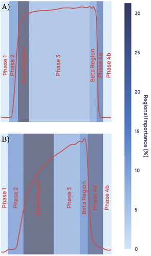 Figure 5. Average weighted feature importance by capnogram waveform region, where weighted features were calculated as the magnitude of the product of the standardised feature value and the feature importance. (A) shows an example for a non-COPD waveform, and (B) shows an example for a COPD waveform.