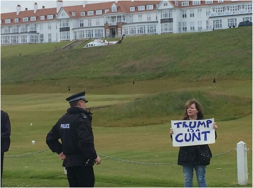 Figure 2. Scottish comedian Janey Godley protesting the arrival of Donald Trump in Scotland (Godley, Citation2016).