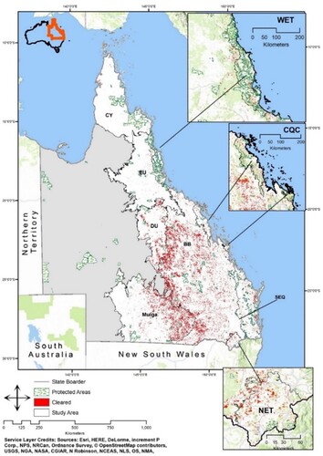Figure 1. Map of the bioregions for this analysis. Areas that have been cleared in the last 30 years are shown in red (as defined by the Statewide Land and Trees Study (SLATS, Department of Science Citation1988-2016)). Protected areas as of 2019 are shown in green.