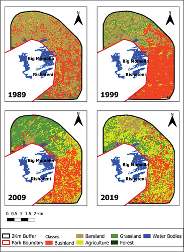 Figure 2. The spatial pattern of LULC changes during the study period of the years 1989–2019 at the eastern side of the Momella lakes, northern Tanzania. Land cover categories were based on the classification scheme provided in the IPCC’s Good Practice Guidance for Land Use Classification, also adopted by the Tanzania Land Use Planning Commission (IPCC, Citation2006; Twisa & Buchroithner, Citation2019). The area statistics of each land use type based on the classified images of the study area are provided (see Appendix B: Table B1).