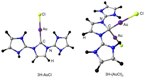 Figure 7 BP86/BSI (BSI = TZVP for H, C, N, Cl and SDD for Au) optimized protonated derivatives of 3H.