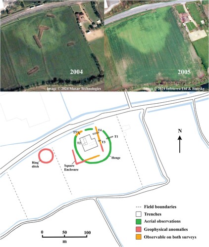 Figure 5. Top: satellite imagery of Anchor Church field in 2004 and 2005 (© Maxar Technologies and Infoterra Ltd & Bluesky). Note the recently backfilled evaluation trenches. Bottom: Plan of trench locations and archaeological features at Anchor Church Field. Features were located through a combination of geophysical survey (Linford and Linford Citation2002), satellite imagery (Maxar Technologies and Infoterra Ltd & Bluesky), and our excavations.