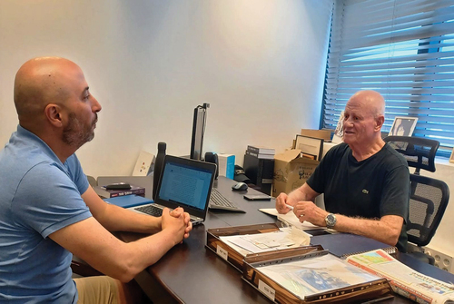 Dr. Eldad Ben-Aharon (left) interviewing the 8th Mossad chief, Danny Yatom (right), in Herzliya Pitu’ah, Israel, on 19 July 2023.