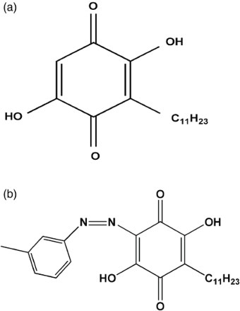 Figure 1. (a) Structure of embelin and (b) 2-(3′ -methyl phenyl azo) embelin.