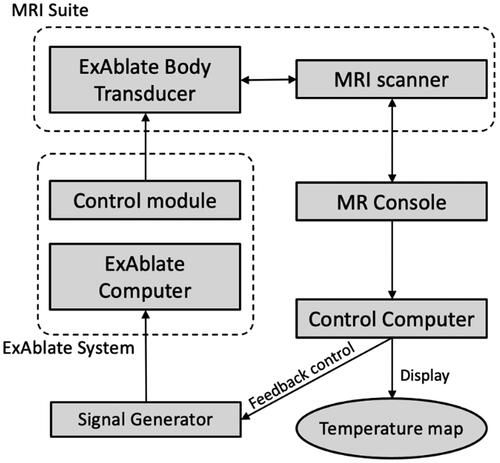Figure 3. Block diagram of temperature feedback control for hyperthermia within the ExAblate Body system. MR temperature images are acquired and visualized on the control computer and used to monitor the temperature throughout the target and within an ROI, which is applied for temperature feedback-based power control through pulse width modulation, thereby facilitating hyperthermia control during MRI scanning.
