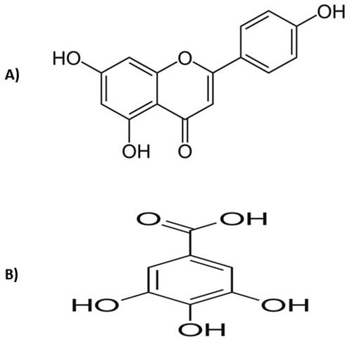 Figure 1. Structure of A) apigenin and B) gallic acid.
