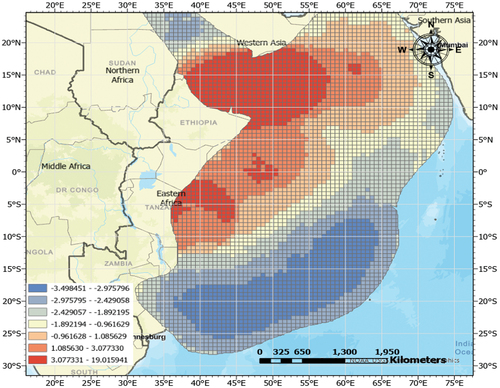 Figure 9. Getis-ord Gi* hot spot analysis result for East Africa before 2012.
