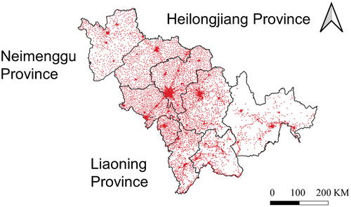 Figure 1. The study area Jilin Province, China, and the distribution of more than 10,000 cellular towers within the province, as denoted by red points.
