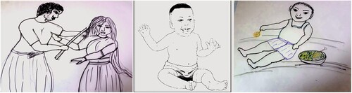 Figure 4. Example of drawings used in facilitating the participatory research. The first drawing was used to explain a mother’s capability to stay away from violence (drawn by Debashis Chakravorty). The rest two were demonstrated to explain a child’s capability to stay happy and playful (the second artwork of the child was sourced from: https://iycf.advancingnutrition.org/content/people-healthy-baby-6-24-mo-00a-noncountry-specific and the third drawing of the child was drawn by Debashis Chakravorty).