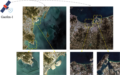 Figure 10. Remote sensing images of the Jiaodong Peninsula in China captured by the Gaofen-1 satellite, with the four areas we utilized for the evaluation marked with yellow boxes in the figure.