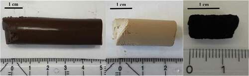Figure 2. From left to right: hydrogel, aerogel and carbon aerogel for a formaldehyde–lignin ratio of 1 (F/L 1)