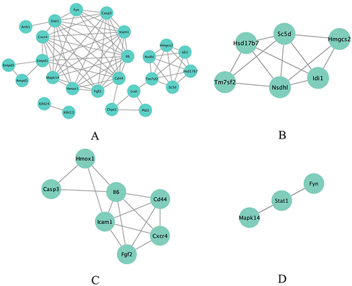 Figure 4 Significant gene clustering module. (A) Six gene clustering modules are shown. (B-D) The three modules with the highest scores include a total of 16 genes.