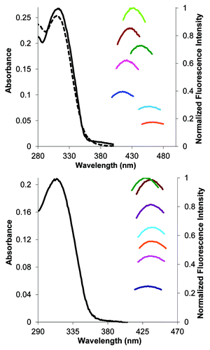 Figure 3. Photophysical characterization of uridine analog 2a. Top panel: fluorescence changes in response to changes in polarity. Absorbance in water (dashed black line) and dioxane (solid black line) and emission in 9:1 dioxane/water, blue; 8:2 dioxane/water, pink; 7:3 dioxane/water, brown; 6:4 dioxane/water, light green; 4:6 dioxane/water, dark green; 2:8 dioxane/water, turquoise; 1:9 dioxane/water, orange. Bottom panel: fluorescence response to changes in medium viscosity, absorbance in MeOH (solid black line) and emission in MeOH, blue; 7:3 MeOH/glycerol, pink; 1:1 MeOH/glycerol, orange; 4:6 MeOH/glycerol, turquoise; 2:8 MeOH/glycerol, purple; 15:85 MeOH/glycerol, brown; 1:9 MeOH/glycerol, green.
