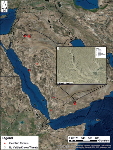 The distribution of Pendants in Yemen and Saudi and Arabia which have been assessed for Threats. Several clusters of clearly threatened pendant sites can be identified. As the inset example of a wadi in Yemen shows, Pendants are threatened by a variety of factors including modern roads and tracks and natural impacts, such as Water Action.