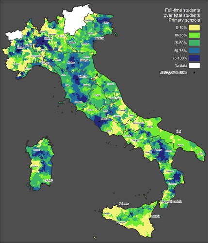 Figure 2. Full-time students over total students in primary schools in Italian municipalities and their contiguous areas, 2020–2021. Source: Italian Ministry of Education.