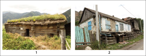 Figure 4. 1) Reconstruction of U. A. Aliev’s birthplace in Kart-Dzhurt (1980s). 2) Modern timber house in Khurzuk, built on top of the earlier log house, which has been dated to 1894+ (K-5) (photos by P. Vařeka)