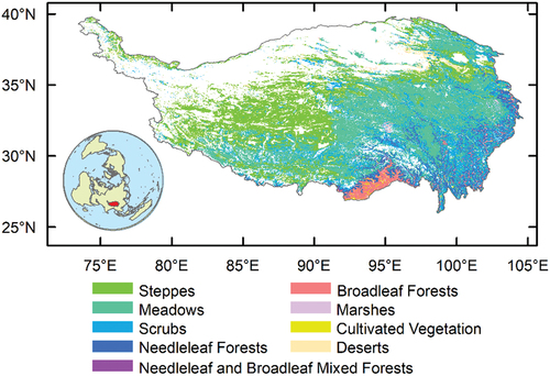 Figure 1. The vegetation types on the Tibetan Plateau. The blank region, identified by multiyear mean annual NDVI values below 0.10, was emblematic of sparse vegetation. The vegetation types was derived from vegetation map of the People’s Republic of China (1:1000000) (X. Zhang Citation2007).