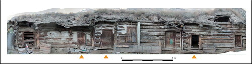 Figure 11. ‘Long house’ in Khurzuk (K-F3-2, 1845/6). Photogrammetry of the house elevation: orange triangles mark entrances giving access to the three habitation cores for married sons’ families (otoy). (photogrammetry by J. Chajbulin-Koštial)