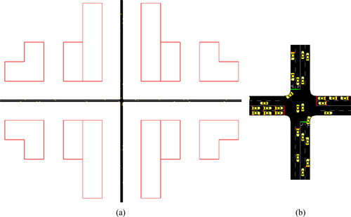 Figure 3. Traffic simulation scenario in SUMO (a) crossroad and blocks representing buildings in (b) Enlarged view of the road intersection.