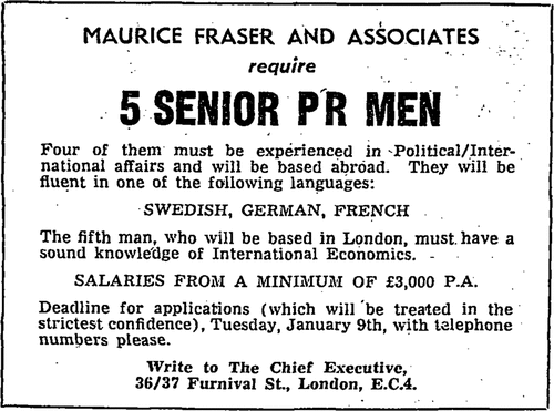 Figure 1. ‘Maurice Fraser and Associates’, Sunday Times, 7 January 1968.