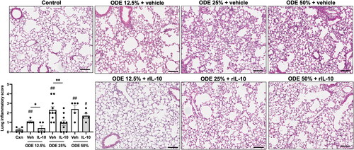 Figure 6. Treatment with IL-10 reduces ODE-induced lung inflammation. Representative H&E-stained lung section images from all treatment groups (ODE at various concentrations with IL-10 or saline vehicle treatment) and saline control. Scatter-dot plot depicts mean (± SEM) bars of semi-quantitative lung inflammatory scores per experimental treatment group. Individual values are averaged from 8 to 10 images/section/mouse. Statistical significance vs. Cxn (#p < 0.05, ##p < 0.01); between groups (*p < 0.05, **p < 0.01). Line scale is 100 μm.