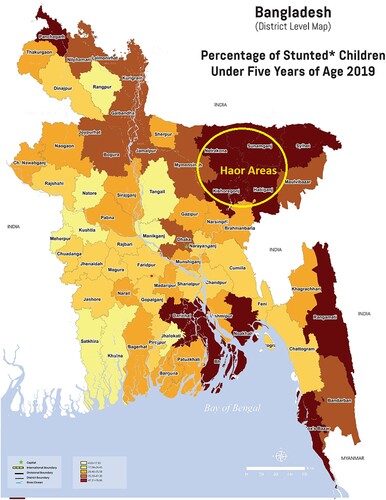 Figure 2. Map of childhood stunting (<5 years of age) in Bangladesh (reprinted from BBS 2019).