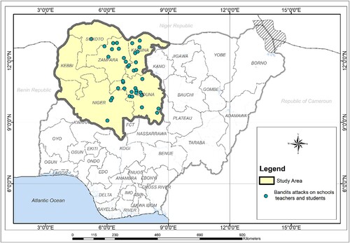 Figure 2. Map of northwest displaying the spatial spread of bandits’ attacks on schools. Source: Authors’ collection from ACLED produced through Arcmap.
