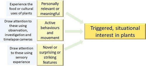 Figure 5. Proposed model for developing triggered, situational interest. Theoretical elements are shown in yellow and findings from the reviewed studies are shown in blue.