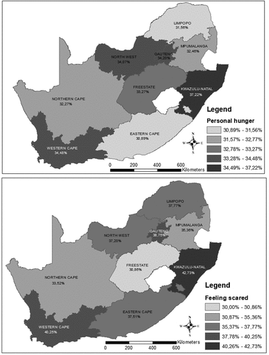 Figure 3. Provincial distribution of (a) hunger and (b) fear, using unweighted data (R1,2,3).