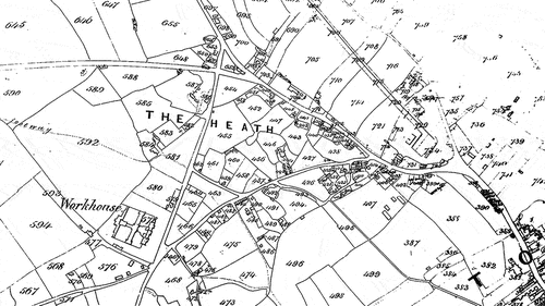 Figure 2. The Heath area of Uttoxeter parish in the Tithe Map of 1842 illustrating the proximity of the post-1834 Uttoxeter Union Workhouse to remaining brickyards, such as that worked by Jane Baxter at plot 576.