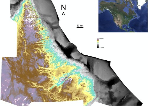 Figure 2. The study region in Labrador, Canada and surrounding region. Land topography data (lower left coordinate 52.0, −67.8 DD) (from SRTM3) ranges from sea level (turquoise) to ∼1600 m a.s.l (white). Bathymetric data (from GEBCO) of the adjacent continental shelf is shown in greyscale, ranging from sea level (white/grey) to ∼ 1700m depth (black). The inset image (top right) shows the location of the study region (white box).