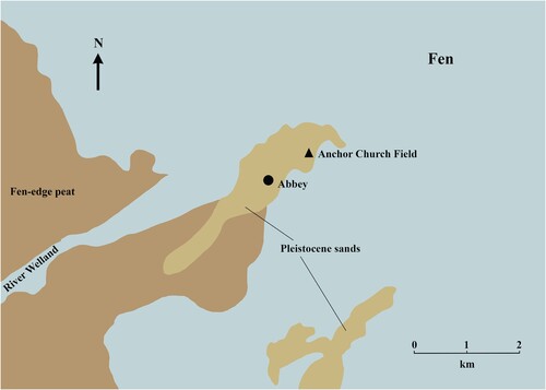 Figure 2. The early Medieval topography of Crowland “island” (authors, based on Geological Map Data BGS © UKRI 2024).