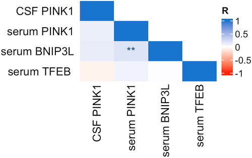 Figure 3. Correlation between mitophagy biomarkers in serum and CSF. Notes: Pearson correlation, *** = p < .001, ** = p < .01, * = p < .05. Abbreviations: CSF, cerebrospinal fluid.