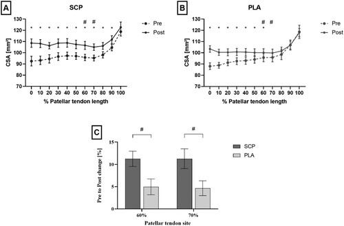 Figure 1. A/B: Patellar tendon CSA from pre to post in SCP (A) and PLA (B) group along entire tendon length from 0% (proximal) to 100% (distal). C: Percent change in patellar tendon CSA at 60% and 70% of tendon length. All data are mean and SEM. * indicates significant effects of time within group. # indicates significant time*group interaction effects.