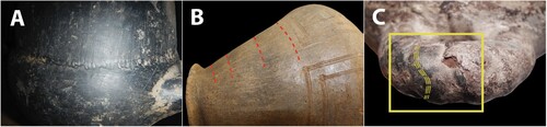 Figure 5. Colour, evidence for forming techniques and surface treatment of Villanovan vessels from Colle Baroncio. A: blackish/dark grey surface of pottery fired under reducing conditions; B: Coiling traces on a biconical urn; C: Parallel marks left by surface treatment on the handle of a biconical urn.