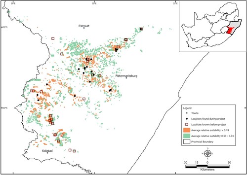 Figure 1. Distribution records for Leptopelis xenodactylus collected prior to (magenta squares) and during (black dots) this study. The areas of average relative suitability for the species (coloured polygons) were obtained from the output of the first distribution model. Inset: the mask area (red; see text) for Leptopelis xenodactylus within the KwaZulu-Natal province (grey area) of South Africa.