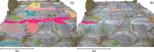 Figure 15. Rock discontinuities identification results of Ruqin Lake study area ((a) Results of applying region growing method and (b) Results of applying rules).