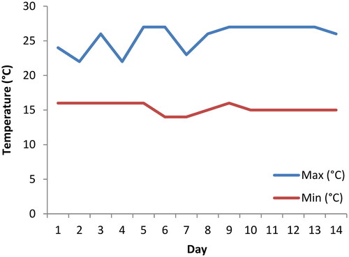 Figure 1. Maximum and minimum daily temperatures (in °C) recorded during the outdoor experiment.