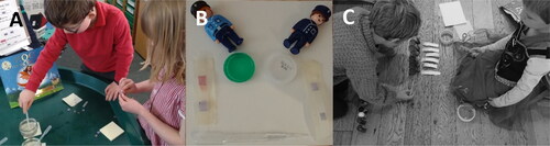 Figure 4. A) The activity being undertaken in a school setting. B) close-up of test strips, one on the left showing a positive result by turning red and the one on the right showing a negative result. C) the activity being undertaken with 3 to 5 year olds and inspiring on-going play with a large testing regime applied to PlayMobil characters.