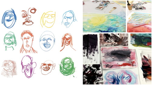 Figure 1. Images from workshop one. Contour portraits as a quick warm-up exercise where an ‘artist’ looks at a person opposite and draws the contours of what they see in one continuous line (left) while not looking at their paper. Participants’ paintings using colours to represent ‘a good day’ (top right) and a bad day (bottom right).