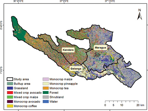Figure 3. Map of cropping pattern and non-croplands in Kandara, Maragua and Gatanga sub-Counties, Murang’a County, Kenya (Aduvukha et al. Citation2021).