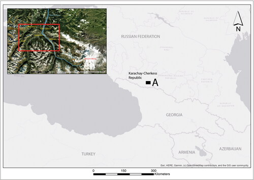 Figure 1. Karachay-Cherkess Republic of the Russian Federation (A and the red rectangle shows the location of the study area—Greater Karachay) (map by P. Vařeka; source ArcGIS Basemap Online)